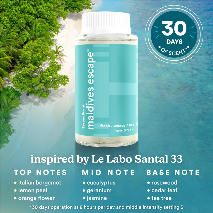 Homedics SereneScent Waterless Diffuser Oil Refill  Maldives Escape (120ml). Clean, Safe, Luxurious Hotel-Inspired Home Fragrance. Compatible with S