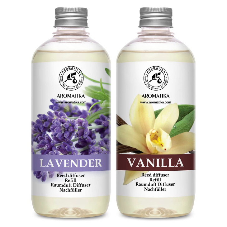 Reed Diffuser Refill Set Vanilla & Lavender with Lavender Essential Oil 34 Fl Oz - 2x500ml - Fragrance Oil Reed Diffuser Refill - Room Freshener - Fl