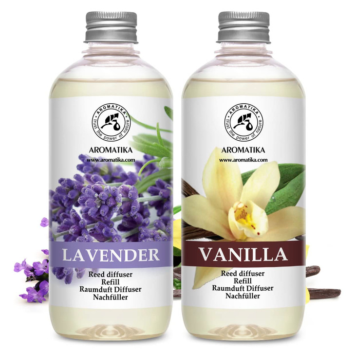 Reed Diffuser Refill Set Vanilla & Lavender with Lavender Essential Oil 34 Fl Oz - 2x500ml - Fragrance Oil Reed Diffuser Refill - Room Freshener - Fl