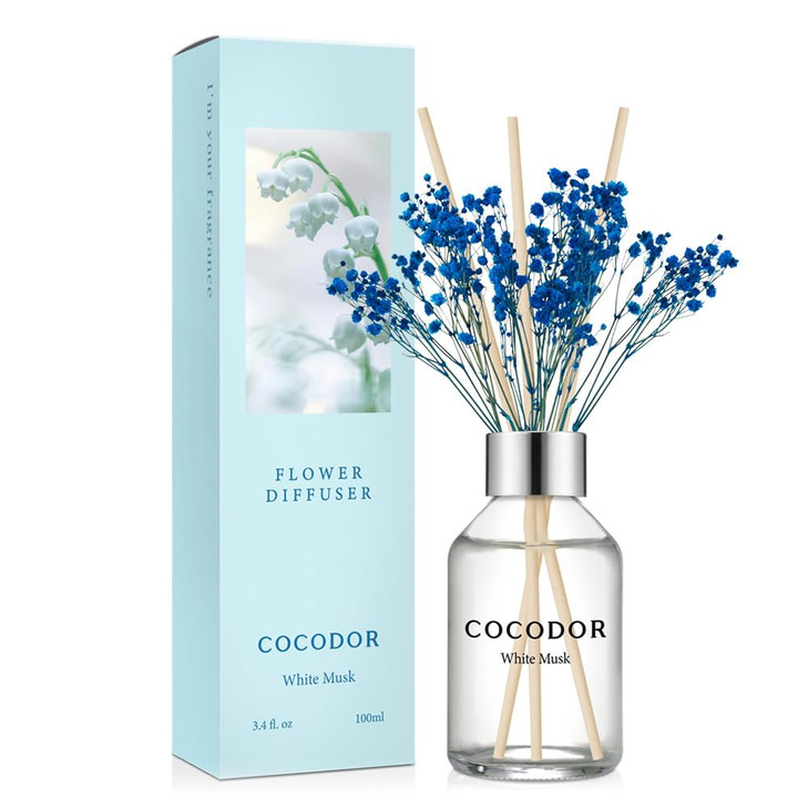 COCODOR Flower Reed Diffuser Set / 3.4oz / White Musk/Scent Diffuser with Sticks Home Fragrance Reed Diffuser for Bathroom Shelf Decor