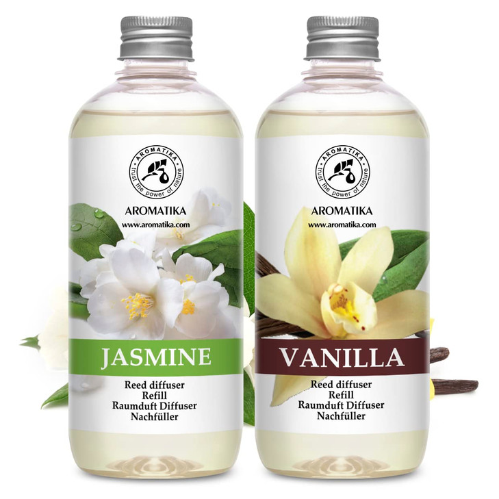 Reed Diffuser Refill Set Vanille & Jasmine with Jasmine Essential Oil 34 Fl Oz - 2 x 500ml - Fragrance Oil Reed Diffuser Refill - Room Freshener - Fl