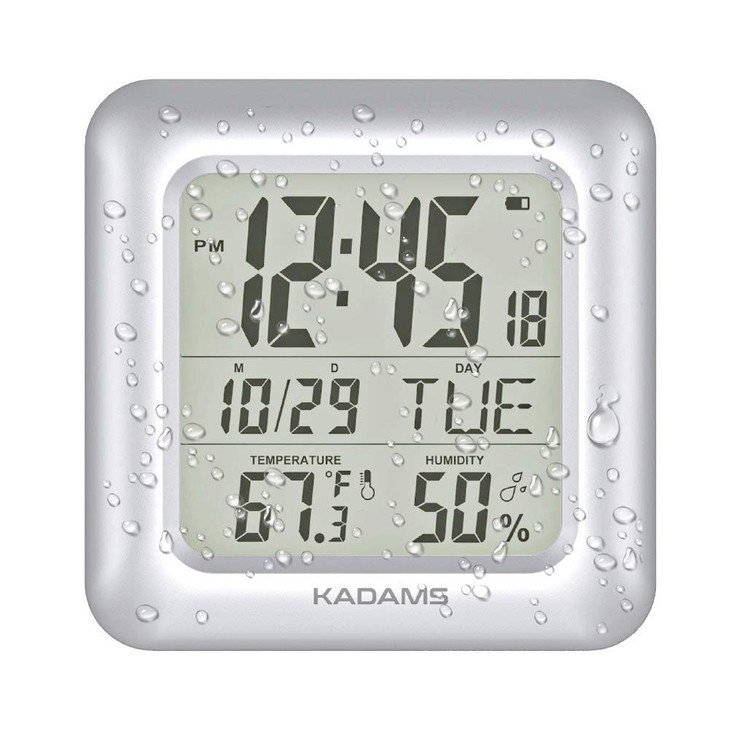 KADAMS Bathroom Clock 9.5" Kitchen Wall Clock with Large LCD Screen  Shower Clock with Suction Cup,Temperature, Humidity, Calendar  Water-Resistant