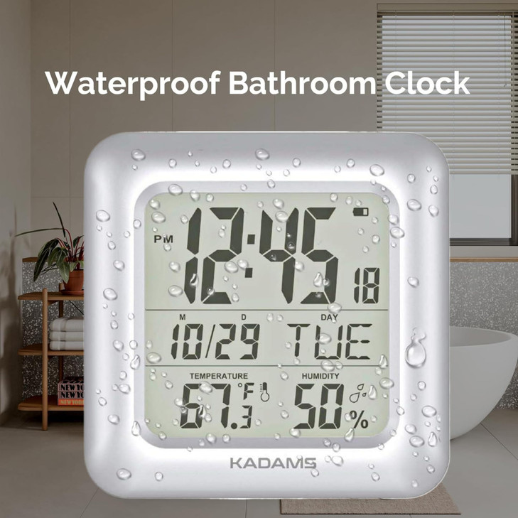KADAMS Bathroom Clock 9.5" Kitchen Wall Clock with Large LCD Screen  Shower Clock with Suction Cup,Temperature, Humidity, Calendar  Water-Resistant
