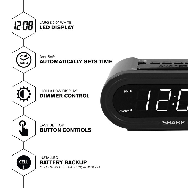 Sharp Digital Alarm with AccuSet - Automatic Smart Clock, Never Needs Setting (Midnight Black-White LED)