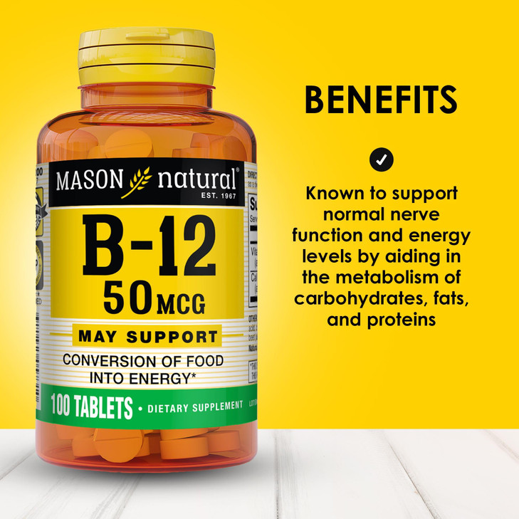 MASON NATURAL Vitamin B12 50 mcg with Calcium, 100-Day Supply, Dietary Supplement to Support Natural Energy Levels, 100 Tablets (Pack of 1)