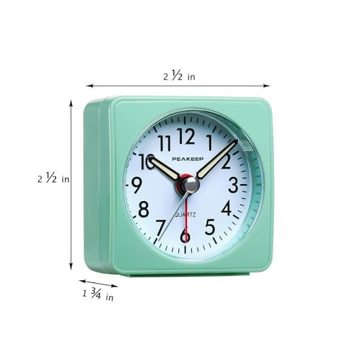 Peakeep Ultra Small, Battery Travel Alarm Clock with Snooze and Light, Silent with No Ticking Analog Quartz (Aquamarine)