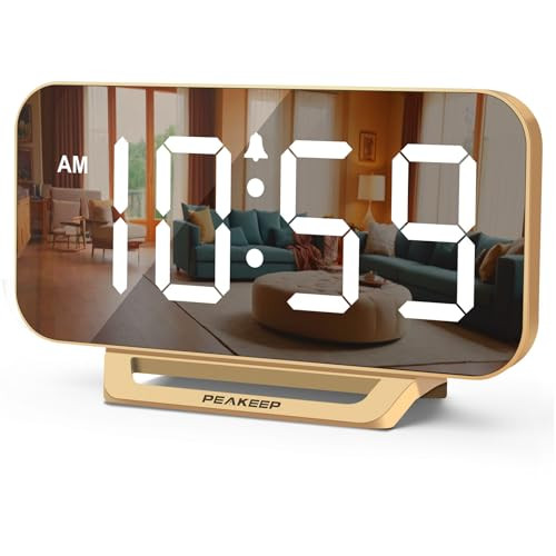 Peakeep Slim Digital Mirror Aesthetic Alarm Clock for Bedrooms Desk Decor - Plug in Electric Big LED Modern Small Clock for Office Living Room, Batte