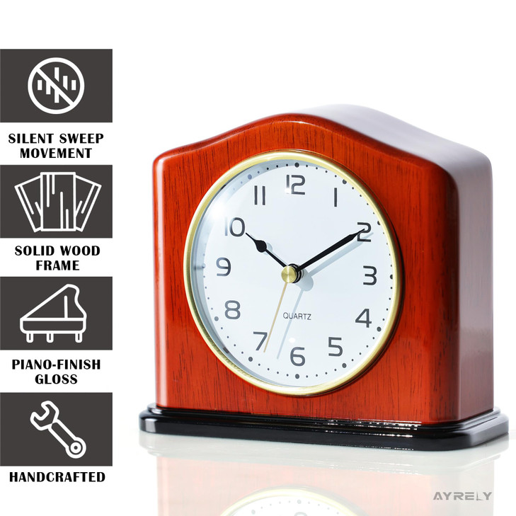 AYRELY® Mantel Clock, Handcrafted Solid Wood Desk Clock with Silent Movement, Piano-Gloss Finish, Elegant Table Clock for Fireplace, Bedroom, Office
