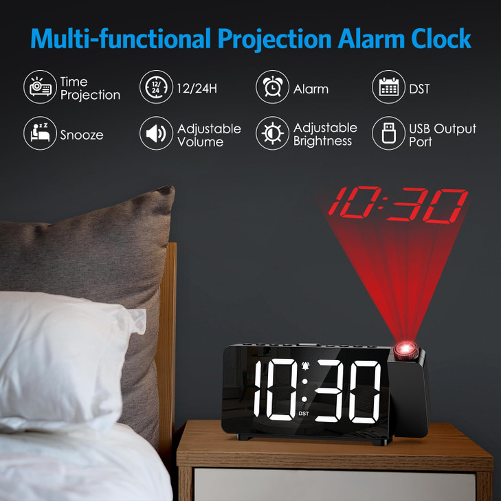 AMIR Projection Alarm Clock for Bedroom Ceiling, Digital Clock with 180° Projector, 5 Level Brightness, Snooze, Night Mode, USB Charger, Loud Alarms