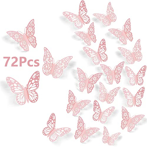 SAOROPEB 3D Wall Decor, 72 Pcs 3 Sizes 3 Styles, Pink Butterfly Decorations - Removable Stickers for Room Decor, Party Balloons, Cake Decoration, Flo