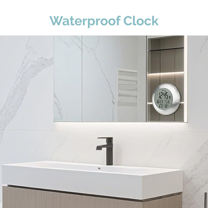 KADAMS Bathroom Shower Digital Wall Clock 9.5'' Kitchen Clock Calendar Water Resistant - Large LCD Screen - Temperature & Humidity Display - Thoughtf