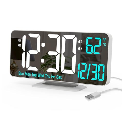 KOSUMOSU Digital LED Clocks for Bedrooms 6.7in White Alarm Clock, Dimming, 12/24h, Date, Day of Week,Temp,Desk Clock, LED Clock for Bedside, Digital
