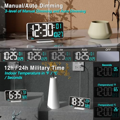 KOSUMOSU Digital LED Clocks for Bedrooms 6.7in White Alarm Clock, Dimming, 12/24h, Date, Day of Week,Temp,Desk Clock, LED Clock for Bedside, Digital