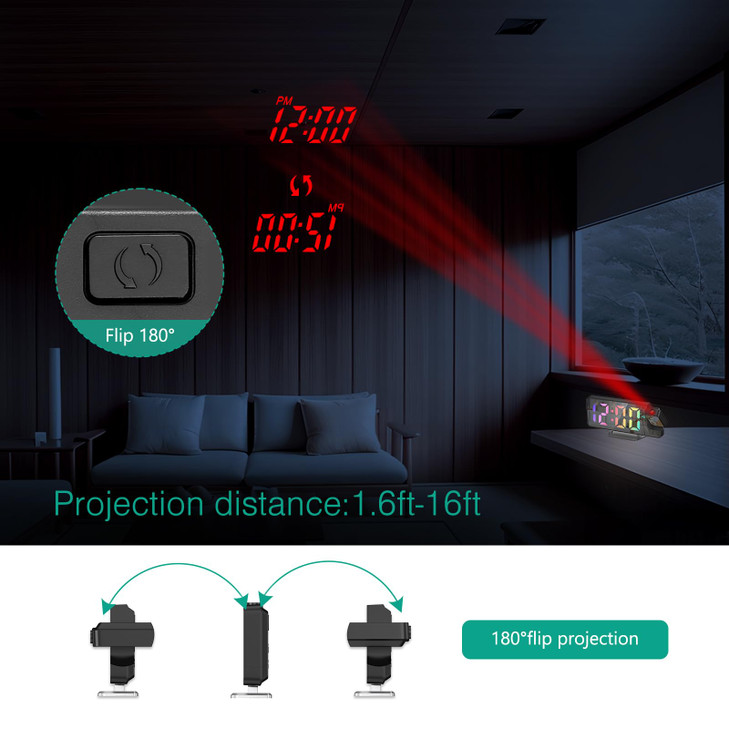 ORIA Projection Alarm Clock, Digital Clock with Projection on Ceiling, LED Alarm Clock with 7.9'' Large Screen, 4-Level Brightness, Snooze, 12/24H, T