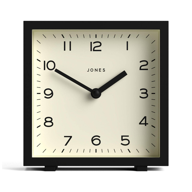 JONES CLOCKS® Disco Desk Clock | Sleek Square Design | Black | Stylish and Easy to Read for Shelf, Table, Mantel or Bedside