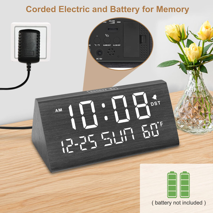 DreamSky Digital Alarm Clocks for Bedrooms - Wooden Desk Clock with Date, Day of Week, USB Port, Temperature, Dimmer for Bedside Table, Living Room,