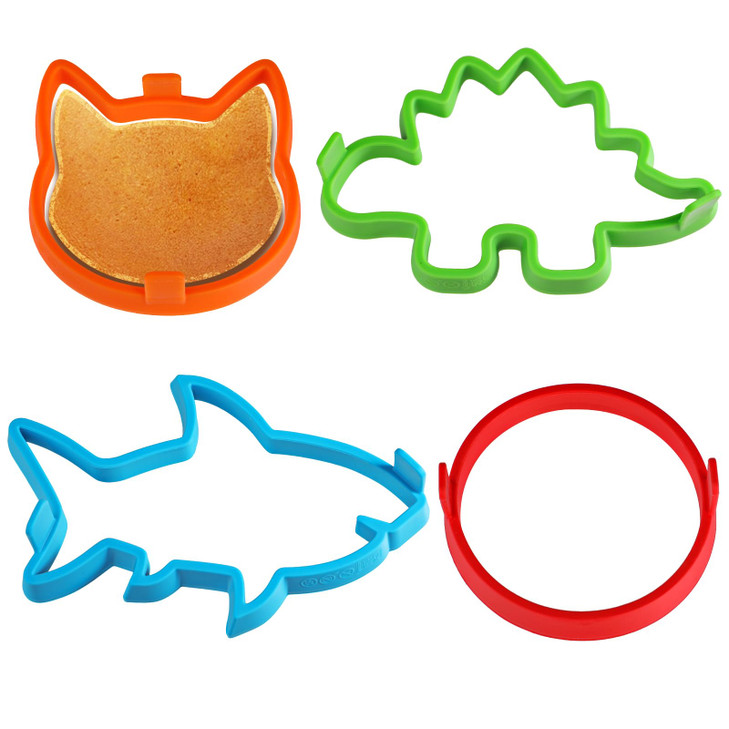 Kamehame Silicone Pancake Molds for Shark, Round, Cat, Dinosaur Shape Pancakes, 4 Pack Nonstick Pancake Shaper for kids, Fun Shapes Cake Ring Mold fo