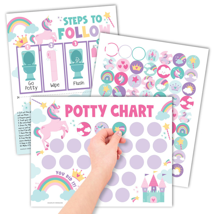 Hadley Designs Potty Training Chart for Toddlers Girls -10 Sticker Potty Chart for Toddlers Girls, 8.5x11" Potty Training Sticker Charts for Toilet S