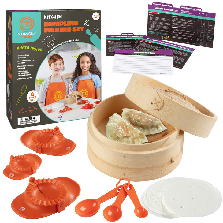 MasterChef Junior Kids Dumpling Making Set- 5 Pc Kit- Real Cookware Includes Recipes, Steamer Basket, Mold, Press Measuring Spoons Steamer Paper, Hom