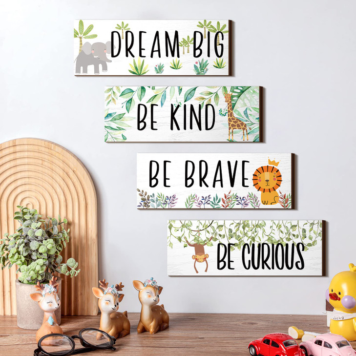 4 Pieces Woodland Nursery Decor Safari wall art Be kind brave curious Cute Jungle Animal Nursery Decor for Bedroom living room home 11x 3.9 Inches(Li