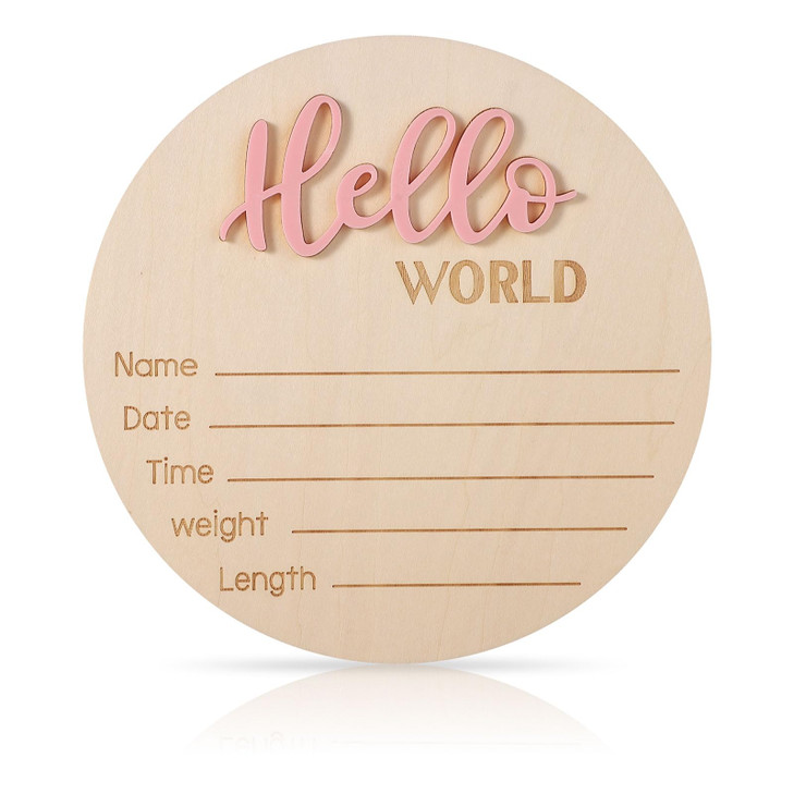 Baby Announcement Sign, 5.9in Wooden Hello World Newborn Signs Birth Announcement Sign Welcome Name Plaques for Newborn Boys and Girls Photo Props Ba