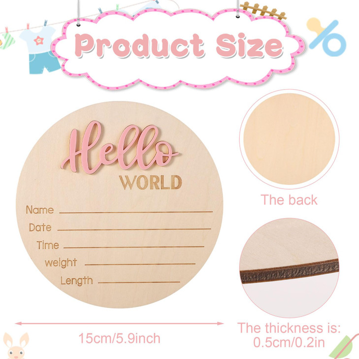 Baby Announcement Sign, 5.9in Wooden Hello World Newborn Signs Birth Announcement Sign Welcome Name Plaques for Newborn Boys and Girls Photo Props Ba