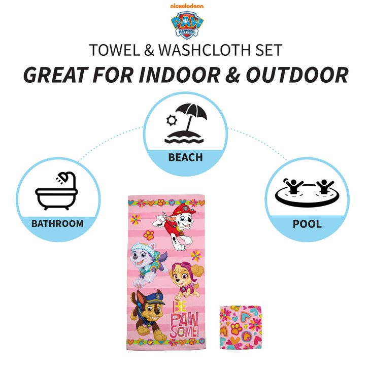 Franco Paw Patrol Girls Kids Bath/Pool/Beach Soft Absorbent Cotton Terry Towel with Washcloth 2 Piece Set, 50 in x 25 in