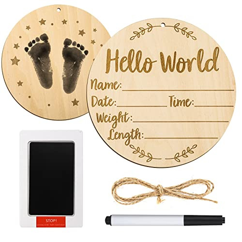 Baby Announcement Sign, 5.9 Inch Round Birth Nursery Name Signs with Ink Pad for Baby Hand and Footprints Wooden Hello World Newborn Sign for Photo P