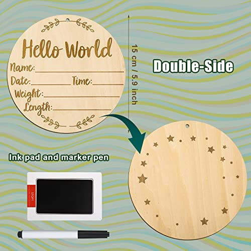 Baby Announcement Sign, 5.9 Inch Round Birth Nursery Name Signs with Ink Pad for Baby Hand and Footprints Wooden Hello World Newborn Sign for Photo P