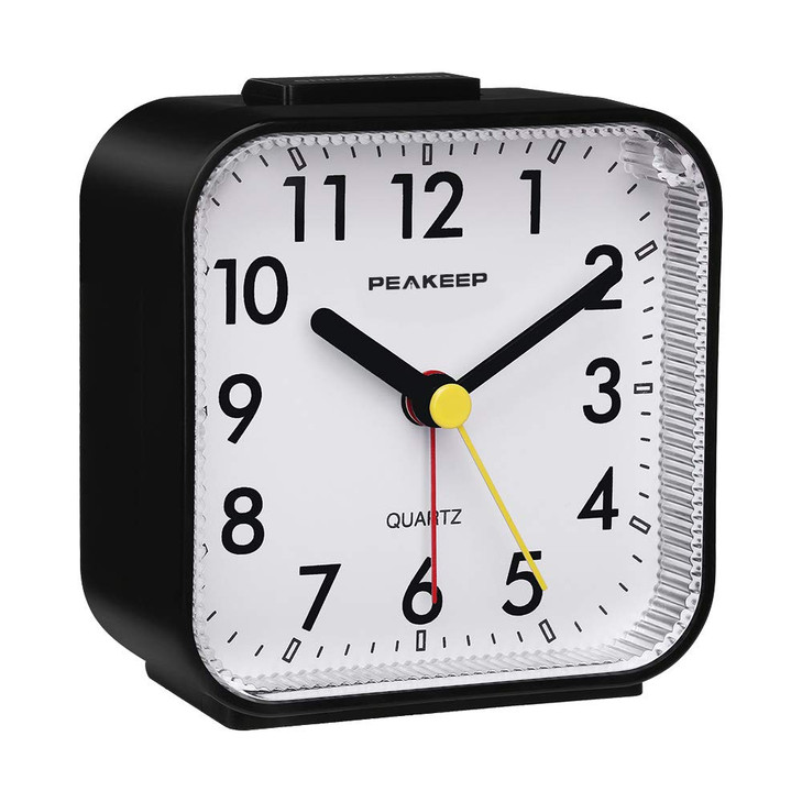 Peakeep Small Battery Operated Analog Travel Alarm Clock Silent No Ticking, Lighted on Demand and Snooze, Beep Sounds, Gentle Wake, Ascending Alarm,