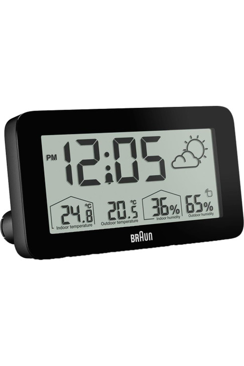 Braun Digital Weather Station Clock with Indoor and Outdoor Temperature and Humidity, Forecast, LCD Display, Quick-Set, Crescendo beep Alarm in Black