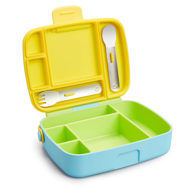 Munchkin Lunch Bento Box for Kids and Toddlers, Includes Stainless Steel Utensils, BPA-Free, 18 Months and Up, Blue/Green/Yellow
