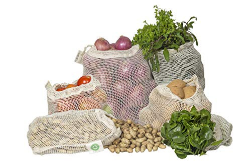 Reusable Cotton Mesh Produce Bags - 100% Organic Cotton, Durable, Double Stitched, Washable with Tare Weight & Drawstring - Mesh Bags for Grocery Sho