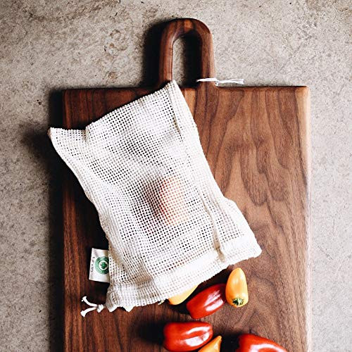 Reusable Cotton Mesh Produce Bags - 100% Organic Cotton, Durable, Double Stitched, Washable with Tare Weight & Drawstring - Mesh Bags for Grocery Sho