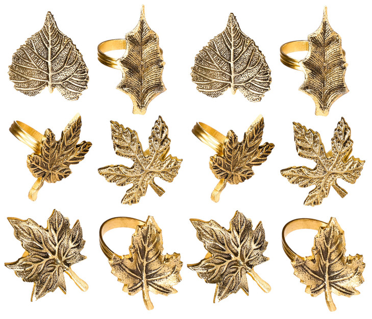 ALPHA Living HOME Rustic Napkin Rings Set of 12 - Elegant Leaf Napkin Holders for Dining Table, Wedding, Party, Holiday & Everyday Use - Handmade Dec