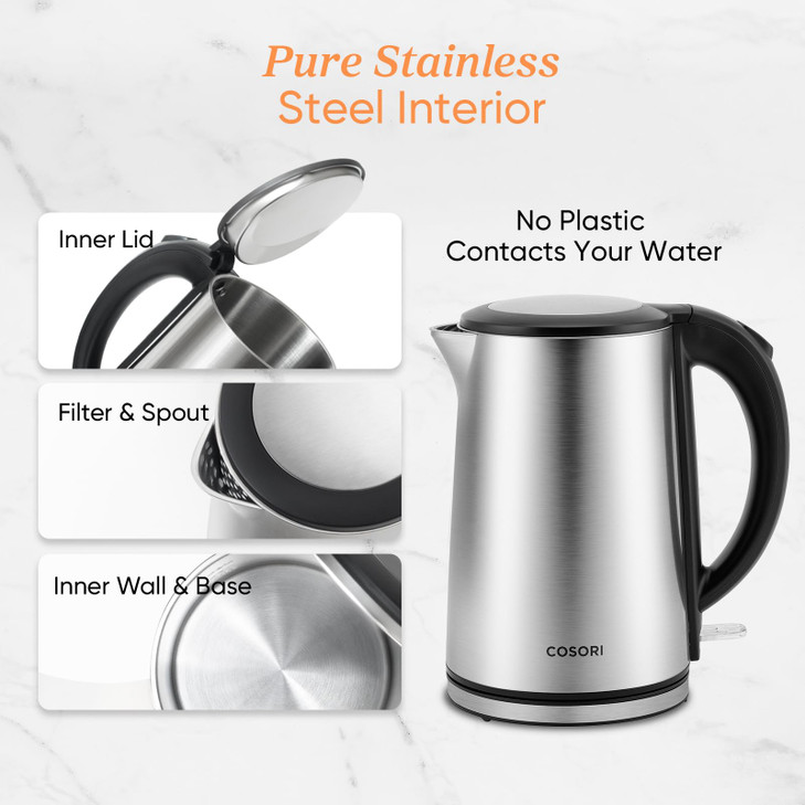 Cosori Electric Kettle, No Plastic Inner Lid, Filter & Spout, Stainless Steel Tea Kettle, Automatic Shut Off & Boil-Dry Protection, Durable Tea Kettl