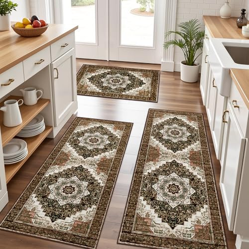 Tritard 100% Non Slip Kitchen Rugs Sets of 3 Washable Boho Kitchen Mats for Floor Vintage Farmhouse Kitchen Rug Soft Runner Rug for Hallway, Laundry