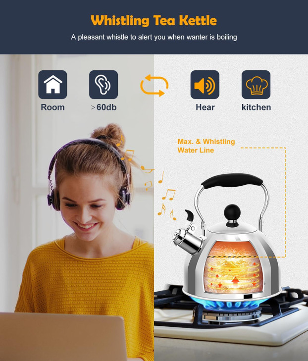 Tea Kettle, 2 Quart Stainless Steel Whistling Tea Kettle, Stovetop Whistling Teakettle Tea Pots for Stove Top with Ergonomic Folding Handle, Small Te
