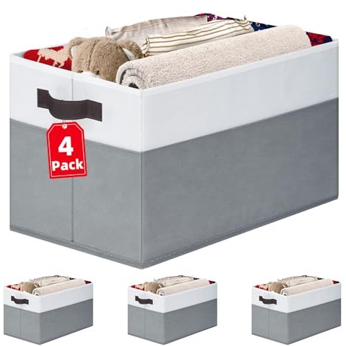 4 Pack Large Closet Storage Baskets Bins for Shelves | Fabric Closet Organizers and Storage with Handles Home Organization | Decorative Collapsible B