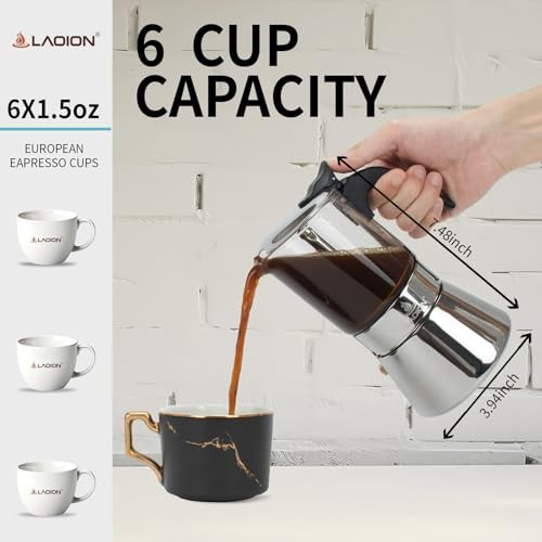 LAOION Stovetop Espresso Maker, 6Cup 240ml Classic Moka Pot, Crystal Glass-top & Stainless Steel Coffee Maker Mocha Pot, Greca De Cafe, Cuban and Ita