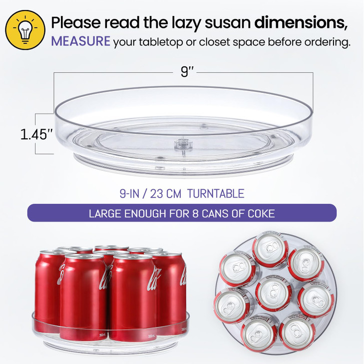 2 Pack 9 Inch Clear Acrylic Lazy Susan, Non-Skid Turntable Organizer for Cabinet, Kitchen, Pantry Organization Storage, Refrigerator, Vanity Makeup,