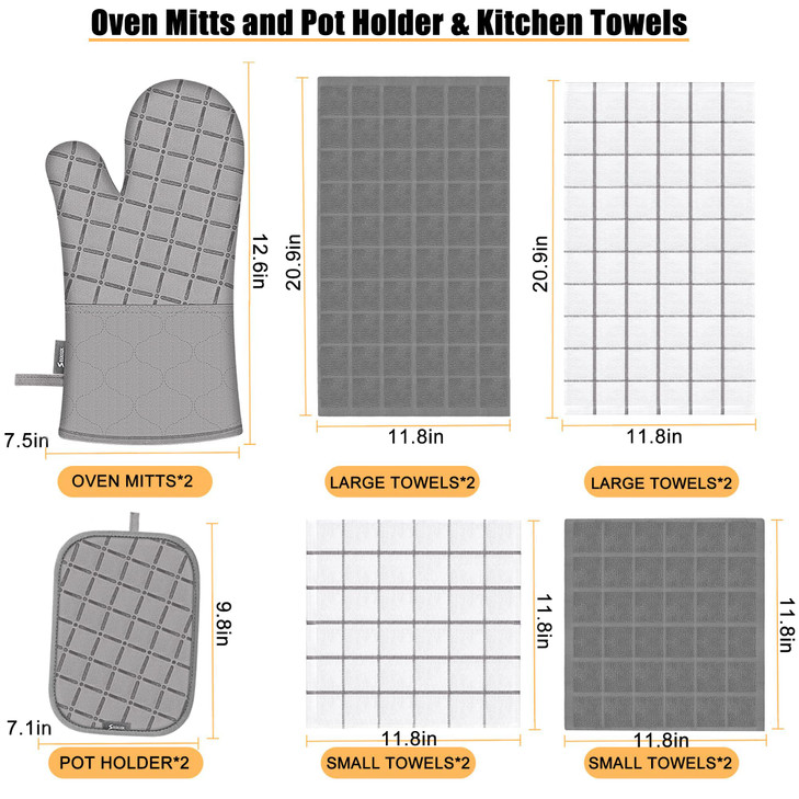 Oven Mitts Kitchen Towels and Dishcloths Pot Holders Sets, Oven Gloves Kitchen Dish Towels 500 Degree Heat Resistant Potholders with Non-Slip Silicon