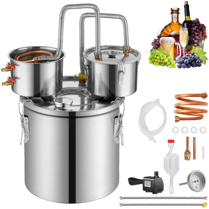 VEVOR Alcohol Still with Thumper Keg, 13.2Gal / 50L Alcohol Distiller, Distillery Kit for Alcohol with Copper Tube, Build-in Thermometer & Water Pump