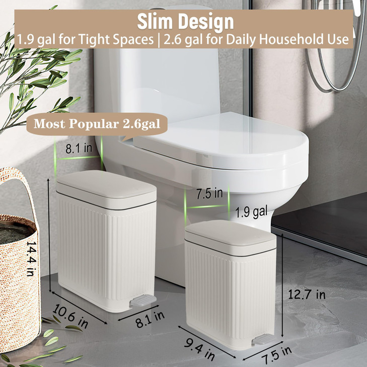 rejomiik Small Bathroom Trash Can with Lid Slim Soft Close Garbage Can Step Wastebasket Container Trash Bin for Office Bedroom Kitchen Living Room (1
