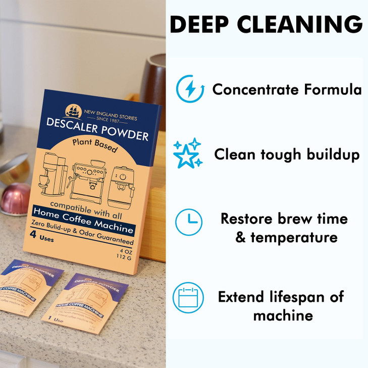 Descaling Powder Solution (4 Uses) Removes Scale and Build-Up, Automatic Coffee Pots & Makers & Espresso Machines Descaler, Compatible with Keurig Br