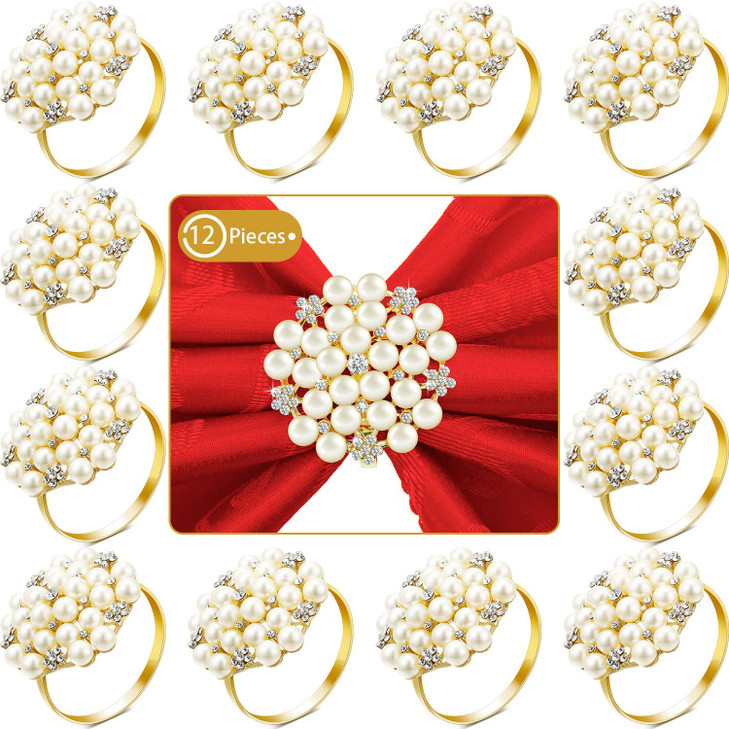 Hotop 36 Pcs Gold Napkin Rings Pearls and Flower Napkin Buckles Rhinestone Bling Round Holders for Wedding Party Dinner Holiday Banquet Christmas Tha