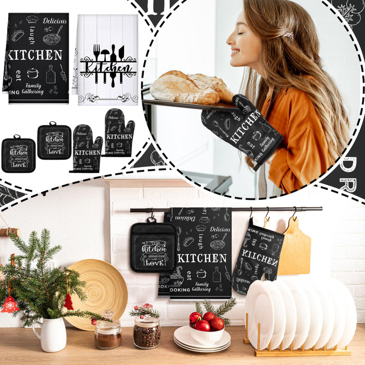 Leinuosen 6 Kitchen Towels Sets Kitchen Accessories Set with Oven Mitts and Pot Holders Farmhouse Oven Glove Decor for Cooking Baking Grilling Suppli