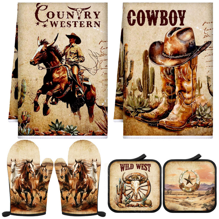 Leinuosen 6 Western Cowboy Kitchen Towels Kitchen Decor and Accessories Set Floral Plant Oven Mitts and Pot Holders Sets Farmhouse Absorbent Dish Tow