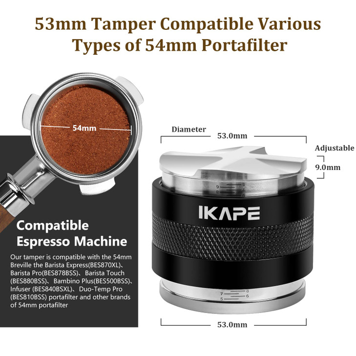 IKAPE Coffee Products, 53mm Coffee Distributor & Hand Tamper, Adjustable Depth Espresso Distributor Fits All 53mm Espresso Portafilter, Compatible wi
