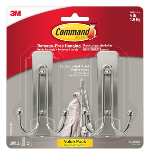 Command Large Brushed Nickel Double Hooks, 2 Hooks and 2 Strips, Damage Free Hanging Wall Hooks with Adhesive Strips, No Tools Coat Hooks for Hanging